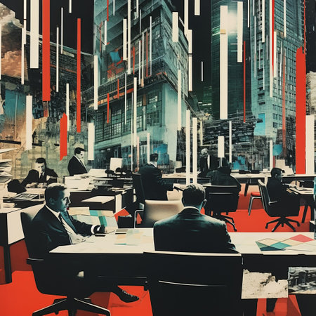 a surreal cityscape poster featuring a business office filled with desks and chairs. the artwork, created by daniel garber, showcases a unique blend of dark cyan and red tones. this experimental collage combines photographically detailed portraitures with multiple filter effects, resulting in a visually captivating piece. the poster is available in stunning 8k resolution. ai generatedの素材
