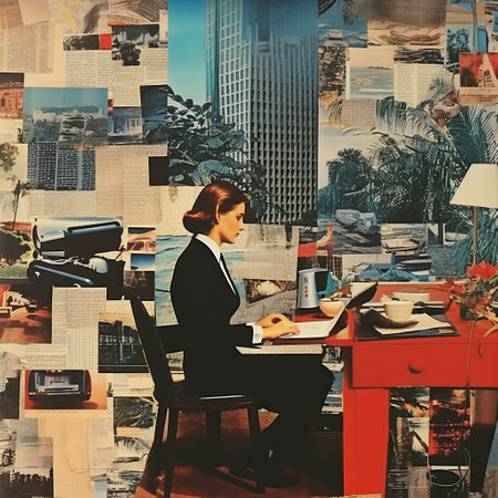 a woman sits in front of a desk adorned with a captivating photo collage inspired by american modernism. the collage features busy landscapes, contax ii camera shots, and a vibrant mix of red and azure hues. the images evoke a sense of working-class empathy, showcasing architectural scenes and romanticized views. ai generatedの素材