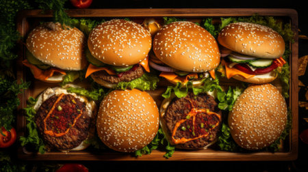six burgers are beautifully presented on a wooden tray, resembling the iconic sigma 105mm f14 dg hsm art lens. the burgers feature a combination of light red and dark orange hues, creating an appetizing visual appeal. the image is captured in stunning 32k uhd resolution, with crosshatched shading adding depth. softbox lighting enhances the details, while the arrangement resembles an apple core with pointillist precision.の素材