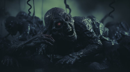 a hyper grainy and hyper detailed film still from a 1980s grindhouse movie. shot in the dark of the night, this image captures a disgusting monster in a punk art style. with its intricate but simple design, the blacklight adds a bloom effect to the scene. this 4k image showcases the realism of a 1970s japanese horror claymation movie poster, with chromatic aberration and grain.の素材