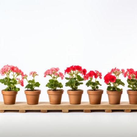 seven flower pots of various types and colors are displayed on a wooden background. the photograph showcases a high-key lighting style, with symmetrical compositions. the dominant colors are red and pink. the image was captured using a zeiss milvus 25mm f/1.4 ze lens. the film was developed using the caffenol method, resulting in an organic and artistic aesthetic. the photographer behind this composition is petrosの素材