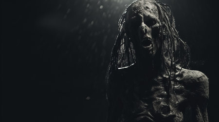 a hyper grainy and hyper detailed film still from a 1980s grindhouse movie. this dark scene, shot in the night, captures a disgusting monster in a punk art fashion. the image, reminiscent of a gritty panos cosmatos movie, showcases a necronomicon demon warrior. with its 4k resolution and 8mm aesthetic, this 70s horror film-inspired photograph is a blend of realism and artistry. ai generatedの素材