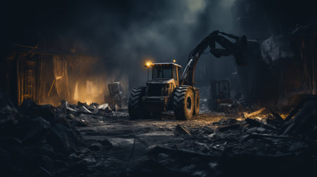 a truck sits amidst the darkness, positioned on a dilapidated building, showcasing the captivating aesthetics of industrial machinery. the scene is illuminated with an abundance of light, casting shadows on dusty piles. the dark indigo and yellow tones create a striking contrast against the smokey background, evoking a sense of ruggedness. the backlit photography beautifully captures the essence of earthworks. ai generatedの素材