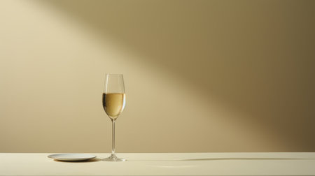 a glass of champagne sits on a table, against a light background with muted earth tones. the minimalist color field, reminiscent of the american barbizon school, creates a serene atmosphere. captured with kodak portra film, the image showcases contrasting shadows and has been digitally enhanced. the light yellow and white hues add a touch of elegance to the composition. ai generatedの素材