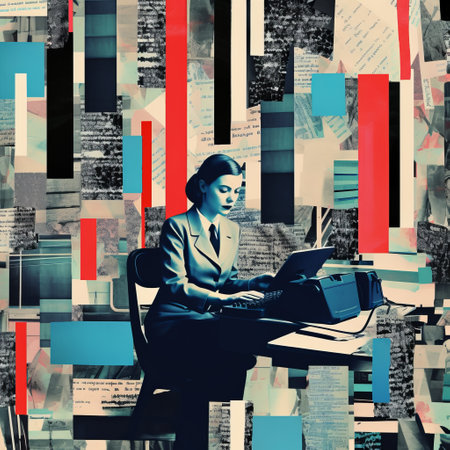 a woman working at a computer with a laptop, depicted in a collage-style mixed media artwork. the piece incorporates retro visuals reminiscent of patrick mchale and diana f, as well as mid-century illustration influences. it also features elements of political commentary, skillfully executed by artist josh adamski. ai generatedの素材
