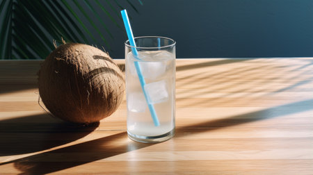 coconut and ice in a glass on a wooden table, featuring a light pink and light indigo color scheme. the image showcases natural fibers, bold outlines, and flat colors, creating a visually striking composition. the multiple filter effect enhances the overall aesthetic, with hints of concore, reefwave, light yellow, and light indigo adding a touch of vibrancy to the scene. ai generatedの素材