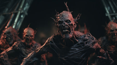 a hyper grainy and hyper detailed film still from a 1980s grindhouse movie. the dark scene, shot in the night, captures a disgusting monster in a punk art style. the image, reminiscent of a gritty panos cosmatos film, showcases a necronomicon demon warrior. with a 4k resolution and 8mm aesthetic, this hyper realistic photograph exudes a sense of realism. the intricate yet simple composition, alongの素材