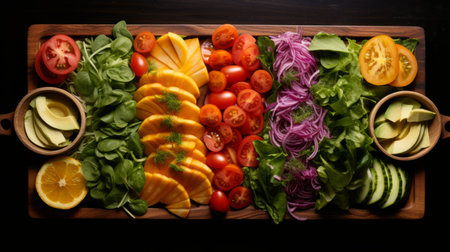 rainbow colored slices of fruit salad arranged in a visually captivating composition, captured with the artistic style of the tokina at-x 11-16mm f/2.8 pro dx ii lens. this vibrant image draws inspiration from the works of gustave dore, yasutomo oka, and herb trimpe, showcasing rectangular fields of juicy goodness. the tabletop photography technique beautifully highlights the intricate details of each slice, resulting in a stunningの素材