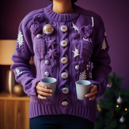 woman holding a christmas tree, wearing an ugly sweater and holding a coffee mug. the photo showcases exquisite clothing detail with a light violet and dark purple color scheme. the back button focus technique highlights the detailed hyperrealism of the image. the monochromatic and grandiose color schemes add to the cabincore aesthetic. ai generatedの素材