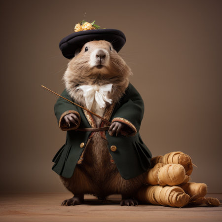 geezon, an animator, is a groundhog dressed as an abolitionist, captured in a baroque still life-inspired photograph. this unique wildlife photography piece combines the artistic styles of dmitry vishnevsky and marguerite blasingame, showcasing classic elegance. the groundhog's costume, made entirely of cheese, adds a whimsical touch to the composition, reminiscent of the works of godfrey kneller. ai generatedの素材