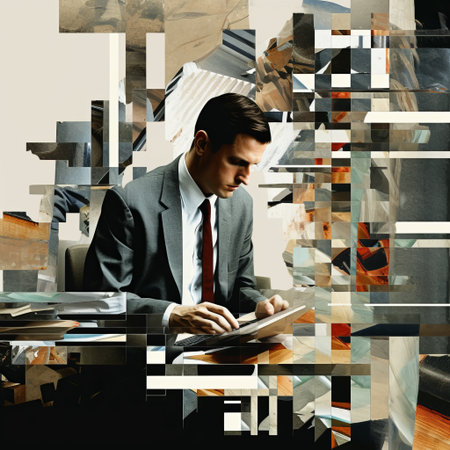 a man in a suit sits at his desk, surrounded by a collage of abstract elements. the artwork incorporates glitch textures and draws inspiration from american mid-century design. captured with a fujifilm x100v, the image showcases busy compositions and cubist fragmented planes, reminiscent of editorial illustrations. ai generatedの素材