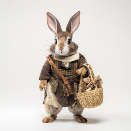 a young rabbit, dressed in a jacket and scarf, poses next to a basket filled with treats. this whimsical photo captures a medieval fantasy theme, with intricate costumes reminiscent of patricia piccinini's art. the softbox lighting enhances the magical atmosphere, while the toy-like proportions evoke the works of boris groh and gerhard munthe. ai generatedの素材