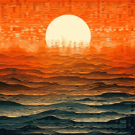 abstract watercolor graphic design ocean wallpaper art by jessica wilson, also known as, in the style of dystopian cityscapes. this artwork features vibrant shades of orange and bronze, creating pixelated landscapes with a retro-futuristic cyberpunk vibe. the woodcut technique adds depth to the horizons, while the solarization effect adds an intriguing touch to the overall composition. ai generatedの素材