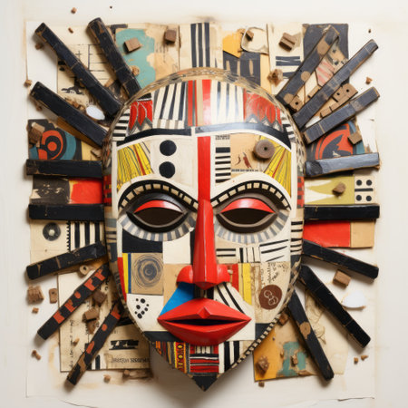the wooden plate mask is a vibrant display of fragmented icons, combining elements of traditional african art and the american barbizon school. with its intensely detailed design and post-punk diy aesthetic, this skillfully composed artifact captures the essence of online culture. ai generatedの素材