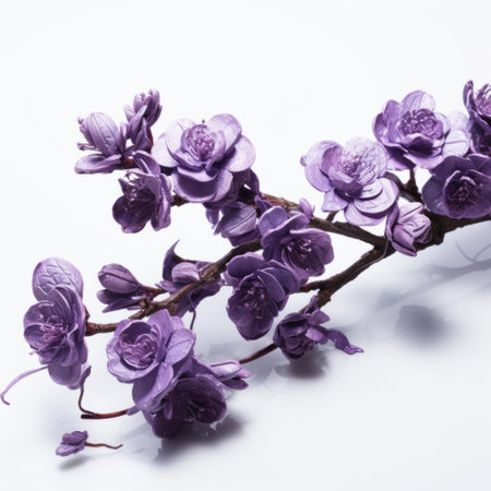 artificial violet and purple flowers in full bloom are showcased against a clean white background in this captivating image. inspired by the style of japonisme, the intricate floral arrangement resembles delicate cherry blossoms. the use of embossed paper and ink-washed organic sculptures adds depth and texture to the composition. this stunning photograph, captured with a leica r8, is available for free download. perfect for enthusiastsの素材