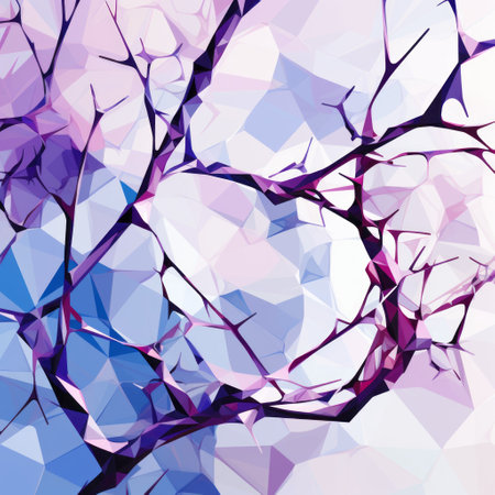 an abstract image featuring twisted branches and flowers, inspired by multifaceted geometry. the color palette includes light purple and dark blue, creating a realistic yet impressionistic effect. the minimalist illustrator has skillfully incorporated cracked, crystalline, and geological forms into the design. the bright backgrounds add depth and vibrancy to the overall composition. ai generatedの素材
