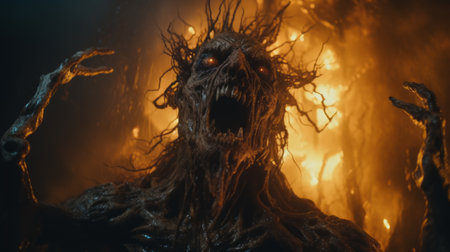 a hyper grainy and hyper detailed film still from a 1980s grindhouse movie. the dark scene, shot in the night, captures a disgusting monster in a punk art style. the image, reminiscent of a gritty panos cosmatos movie, showcases a necronomicon demon warrior. the 4k, 8mm film still has a grainy and hyper realistic quality, with intricate details and a dark, melting claymation lord. shotの素材