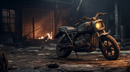 a motorcycle is seen in an underground dungeon, showcasing vray tracing and photo-realistic techniques. the scene is filled with rusty debris and burned charred elements, creating an industrial urban atmosphere. this detailed atmospheric portrait captures the essence of scoutcore and showcases the beauty of industrial urban scenes. ai generatedの素材