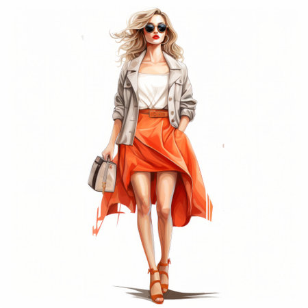 a fashion girl confidently walks with a handbag in this hyperrealistic illustration. the artwork showcases a stunning combination of orange and beige tones, with intricate details that make the character design truly stand out. the loose brushwork adds a unique touch to the high-resolution image, making it a deserving contest winner. ai generatedの素材
