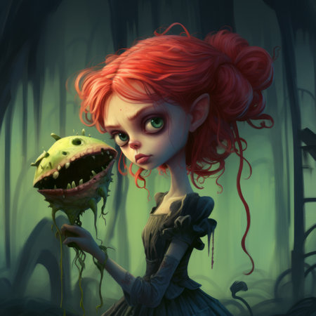 a girl holding up another doll in a forest, depicted in an aggressive digital illustration style reminiscent of tim burton and oleg shuplyak. the artwork showcases detailed character illustrations with a color palette of green and crimson. the scene features a manticore and a unique element of a "death burger.", ai generatedの素材