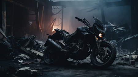 a motorcycle in ruins, surrounded by rubble, is captured in this cinematic-style image. the dark and brooding designer has incorporated elements of rubber, giving the motorcycle a unique texture. with its 8k resolution, the image showcases the patinated and oxidized appearance of the motorcycle, while maintaining tonal sharpness. the scene is action-packed, evoking a sense of intensity. ai generatedの素材