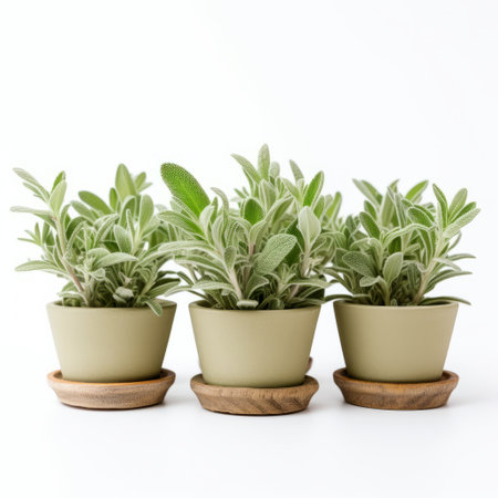 three herbs, including light green and light gray leaves, are beautifully displayed in tea pots on a white background. the symmetrical arrangements, soft lighting, and wooden elements create a soothing and natural ambiance. the bold chromaticity of the herbs adds a vibrant touch to the overall composition, while the soft and rounded forms enhance the visual appeal. ai generatedの素材