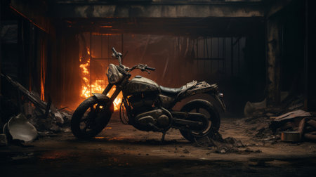 a motorcycle rests on the ground, evoking a post-apocalyptic setting with its burned and charred appearance. the image captures a cinematic atmosphere reminiscent of historical genre scenes by aleksandr deyneka. the golden light adds a raw and unfinished quality to the overall composition. ai generatedの素材