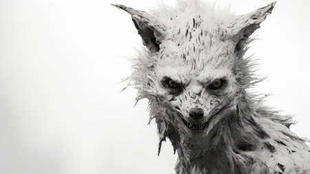 the last fairy hunter image for your pc and laptop is a characterful animal portrait rendered in cinema4d. this expressive black and white image showcases a deteriorated, close-up view of the fairy hunter. with a sharp and prickly appearance, the hunter stands against a white background, creating a captivating visual experience. ai generatedの素材