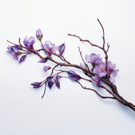a branch of purple flowers on a white background, showcasing hyperrealistic sculptures inspired by traditional japanese artistic techniques. these site-specific artworks feature delicate markings and intricate compositions of found objects, beautifully intertwining materials. the cherry blossoms add a touch of elegance to this captivating piece. ai generatedの素材