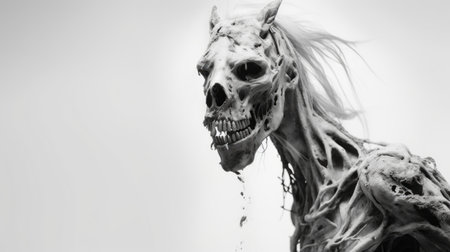 an old, old faerie horse stands gracefully in front of a white and black wallpaper, creating a striking contrast. this unique artwork combines elements of zombiecore and hyper-realistic water, resulting in a captivating visual experience. the horse's presence is enhanced by the surrounding filthy sculptures, adding depth to the concept art. the artist, marcin sobas, skillfully captures the horse's emotion in this mesmerizing portraiture, reminiscentの素材