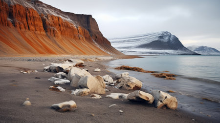 a rugged blue beach with brown rocks next to a lake, showcasing an eerie landscape in the style of terragen. this national geographic photo captures the cold and detached atmosphere with its stark contrasts of light maroon and light amber hues. the white and orange elements add to the overall captivating and mysterious ambiance. ai generatedの素材
