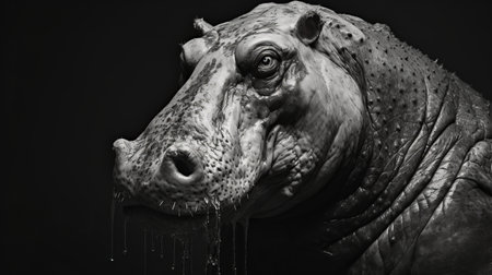 a black hippo with a distorted head is captured in a dramatic black and white portrait style. this intense close-up showcases the hyperrealistic details of the wildlife portrait, created using zbrush. the soggy and splattered-dripped appearance adds an artistic touch to the backlit photography. ai generatedの素材