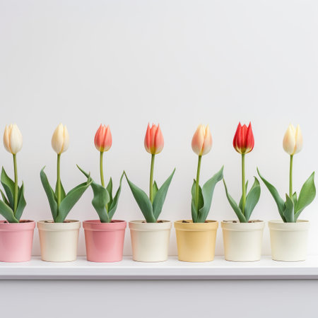 tulips in various colors, including light yellow and light red, are beautifully arranged in small pots on a shelf. the photo showcases a minimal retouching style, with a touch of colorization, resulting in a realistic yet stylized look. the overall aesthetic exudes a sense of serene minimalism. ai generatedの素材