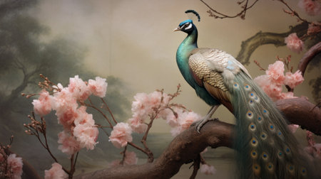 a peacock with vibrant flowers adorning its back, reminiscent of the artistic style of mike campau, is captured in this photograph. the image draws inspiration from the eastern zhou dynasty, showcasing realistic landscapes with soft, tonal colors. the intricate details and 8k resolution make it a stunning addition to museum gallery dioramas. cherry blossoms and the influence of rosa bonheur add to the visual allure.の素材