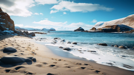 large rocks at the beach covered in white snow, captured in a dreamy landscape style using vray tracing. this uhd image, created by kyffin williams and caras ionut, showcases the beauty of nature with its light amber and sky-blue hues. creative commons attribution. ai generatedの素材