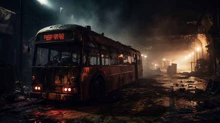 a bus burning at night in a city engulfed in flames, captured in the cinematic style of stefan gesell. the image evokes a brooding and melancholic mood, reminiscent of the works of mikko lagerstedt and stephen shortridge. the scene is enhanced by the patinated and oxidized elements, creating a captivating and haunting visual. ai generatedの素材