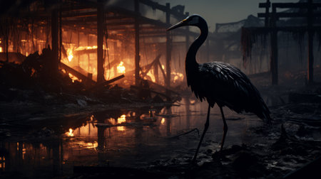 a bird gracefully walks through the charred ruins at night, creating a captivating scene reminiscent of a hyper-realistic animal illustration rendered in unreal engine. the atmosphere is reminiscent of dutch marine scenes, with a touch of mystery found in the depths of the jungle. this artwork by chen zhen showcases dark reflections and invites viewers into a world of intrigue. ai generatedの素材