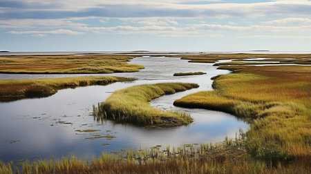 a captivating national geographic photo showcasing a picturesque island-like area near the water. the scene is adorned with tall grass, creating a mesmerizing coastal landscape. the image features transfixing marine scenes with a blend of light yellow and silver hues. the artistic touch of colorful washes in light brown and teal adds to the overall beauty of this manapunk-inspired composition. ai generatedの素材