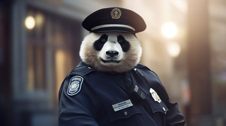 a panda-inspired police officer, created by a ninja, is depicted in this digitally manipulated image. with its hyper-realistic animal illustrations and visual puns, the artwork showcases the street-savvy nature of the character. the image is presented in 8k resolution and features selective focus, making it a captivating addition to any website. ai generatedの素材
