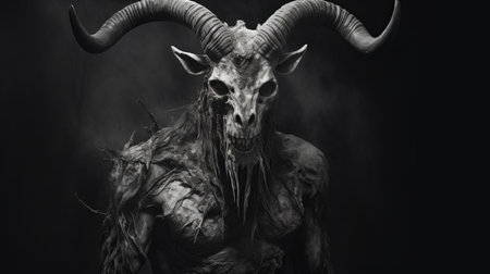 the dark horned goblin, inspired by the style of alessio albi, is depicted in this black and white image. the pastoral setting adds a touch of realism to the scene, while the influence of artists like aries moross and guillem h pongiluppi is evident in the decayed and decaying elements. the image is beautifully rendered in maya. ai generatedの素材