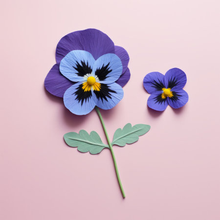 two paper pansies, in light magenta and dark blue, are beautifully arranged on an orange background. these minimalistic portraits showcase the art of focus stacking, resulting in a stunning display of colorized woodcarvings. the symmetrical arrangements and cut-and-paste technique add a unique touch to this vibrant composition. ai generatedの素材