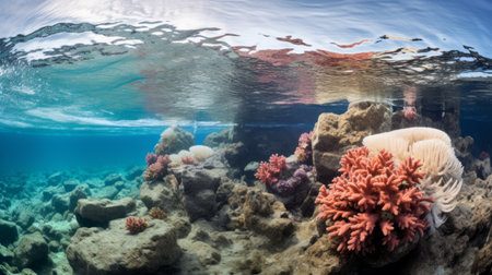 a coral reef panorama showcasing a vibrant blend of dark pink and light blue hues. the image captures the beauty of corals and their mesmerizing motion blur effect. taken with a zeiss batis 18mm f2.8 lens, this uhd photo offers a wide-angle perspective. a serene and contemplative scene, created through a photomontage technique. ai generatedの素材