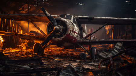 an old red and white airplane, reminiscent of a bygone era, is captured in a burned out building. this photo, created in the style of unreal engine 5 by marcin sobas, showcases dynamic action scenes and atmospheric portraits. the close-up shot highlights the photo-realistic techniques used, resulting in a moody and atmospheric composition. ai generatedの素材