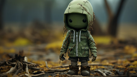 an eerie guy dressed in green walks through a rainforest, resembling a plush doll in the style of ghostcore art. the scene is filled with rusty debris and highly detailed figures, evoking iconic pop culture references. this captivating image, captured on flickr, showcases a cracked and mysterious atmosphere. ai generatedの素材