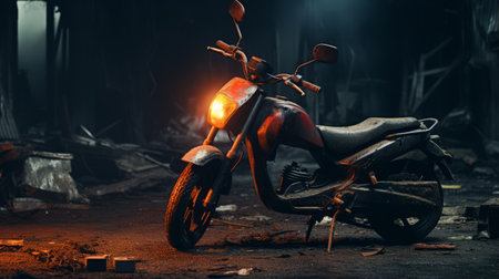a bike parked amidst a charred landscape, surrounded by cars, showcasing luminous light effects. the image is created using zbrush and polished concrete textures, with a dark orange color palette. vray and photo-realistic techniques are employed to capture the scene, while soft lighting enhances the overall mood. ai generatedの素材