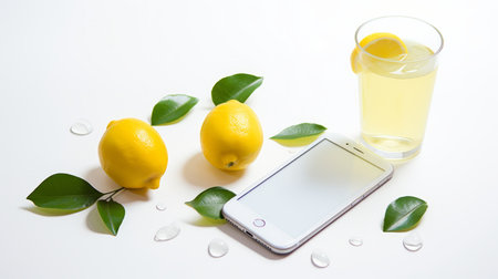 a glass of refreshing lemon juice is placed next to a smartphone on a white background. this eco-friendly craftsmanship photo showcases a blend of japanese minimalism and nature-inspired imagery. the interactive media element adds a modern touch to the composition, while the solapunk and drugcore influences create a unique aesthetic. ai generatedの素材