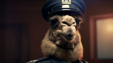 a camel, photobashed in the style of dmitry vishnevsky, is seen wearing a police hat. the intense close-up shot by thomas wrede captures the cartoony character of the camel. the solarizing master technique enhances the high-resolution details of the image. ai generatedの素材