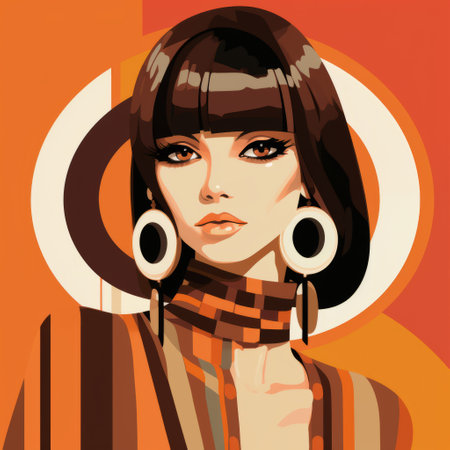a woman with earrings on her head is depicted in this retro-futuristic propaganda-style image. the gold background adds a touch of elegance to the dark brown and orange color scheme. created by the talented artist ilya kuvshinov, this fashion illustration showcases tribal abstraction and features charming characters with a groovy vibe. ai generatedの素材
