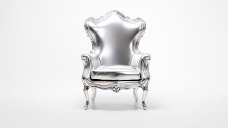 a high back silver upholstered chair, in the style of a uhd image, combines elements of futuristic, victorian, baroque realism. the chair is showcased against a white background with high-key lighting, creating a soft and shiny aesthetic. ai generatedの素材