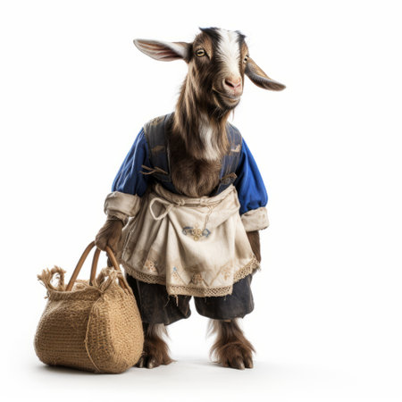 a cartoon goat, dressed in an adorable outfit and holding a basket, is captured in this tabletop photograph. the image is reminiscent of historical dramas and features softbox lighting, inspired by the artistic style of les nabis. with influences from national geographic photography and zbrush, the detailed character design of the goat is truly captivating. ai generatedの素材